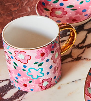 Pink mug cup flowers ceramic 