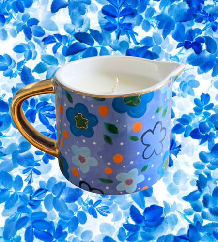 Ceramic blue milk jug gifts green candle 