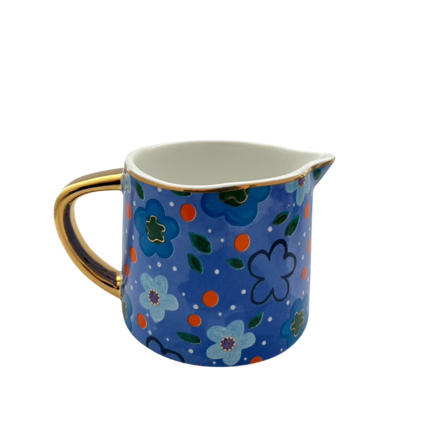 Milk jug ceramic blue flowers gold