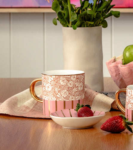 Mug pink flowers ceramic gold